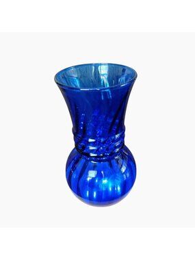 Vintage Indiana Glass Cobalt Blue Glass Vase, Illusions Optic Swirl, 6 inch Bud
